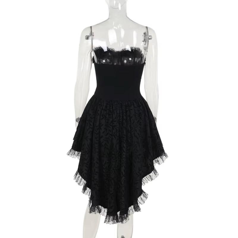 Gothic Goth Dark Lace Patchwork Bandage Strapless Corset Dress Party Gown Fairy Backless Tailed Women