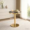 Modern round side table with golden stainless steel frame, table with marble-look surface for the living room, luxurious side table with stable base