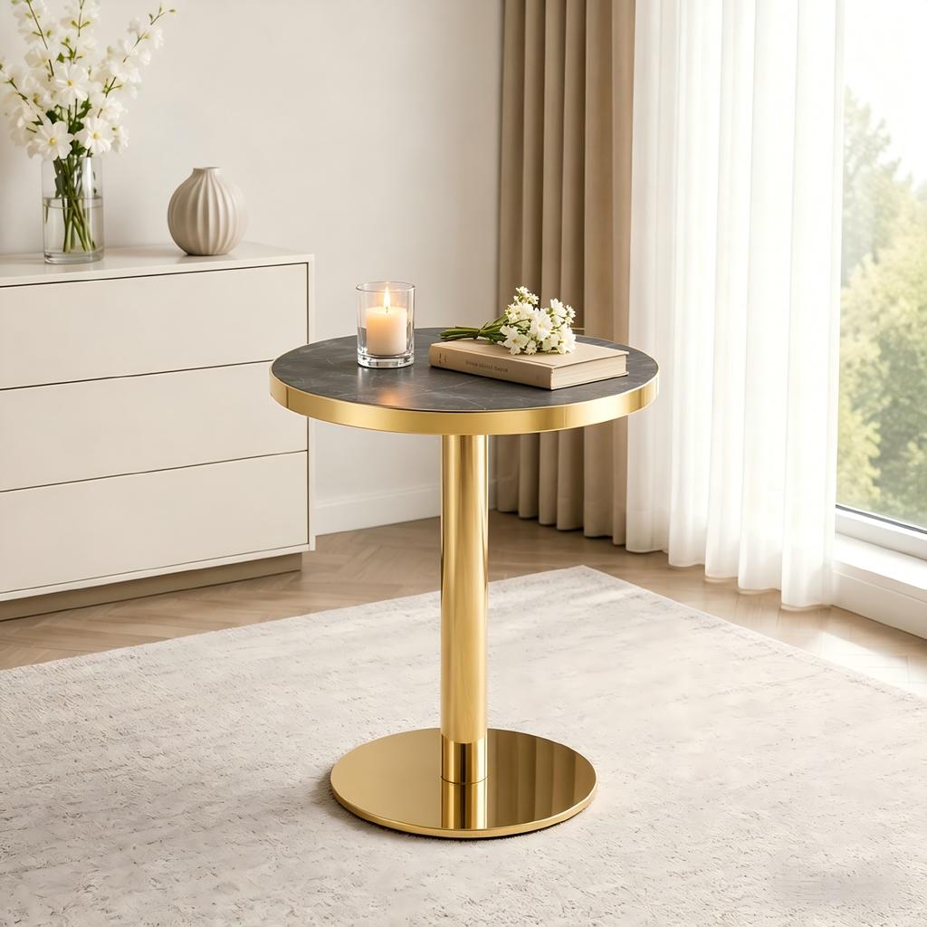 Modern round side table with golden stainless steel frame, table with marble-look surface for the living room, luxurious side table with stable base