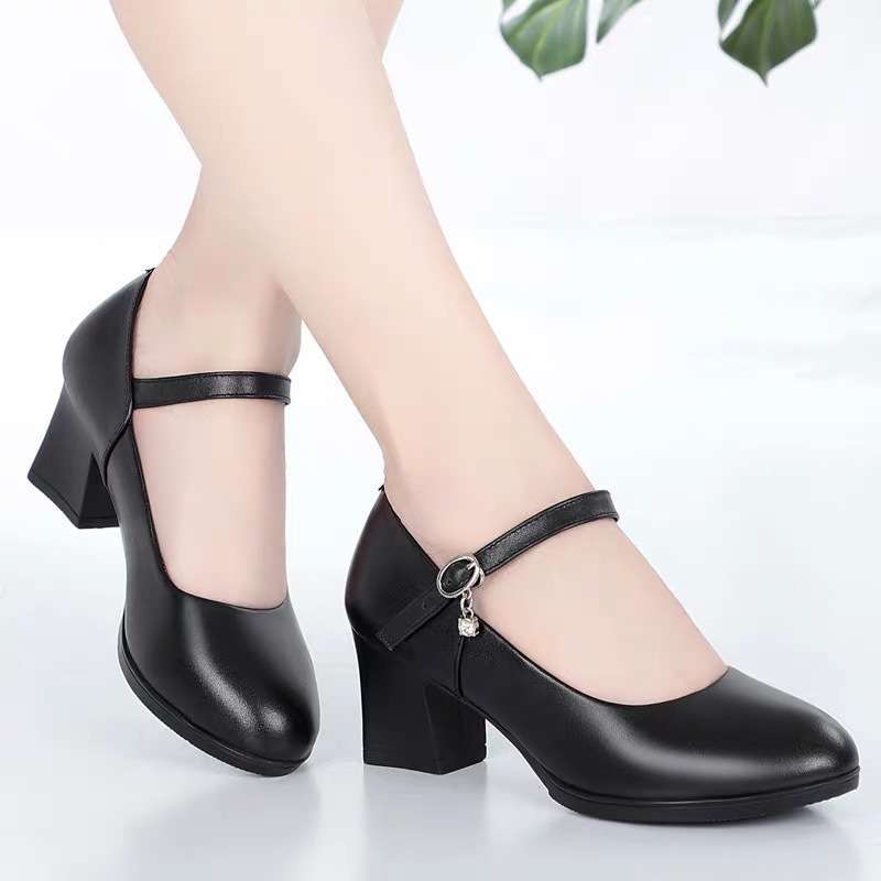 Black work shoes women's comfortable medium heel professional shoes soft sole non-slip women's leather shoes thick heel round head single shoes