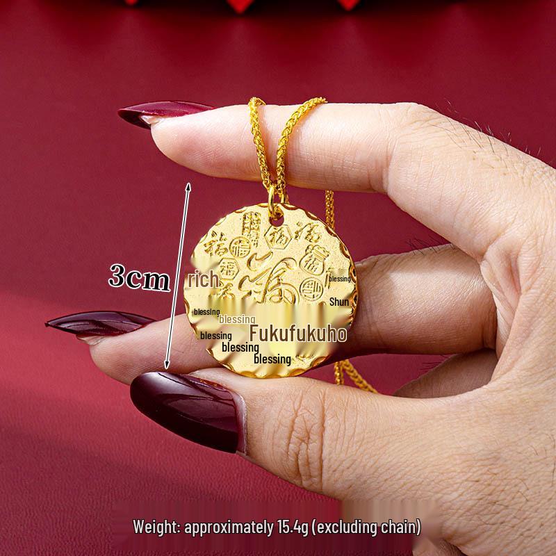 

Vintage Vietnamese Sand Gold Fu Pendant Necklace - Retro Style, Long-Lasting Color, Symbol of Peace and Joy for Women