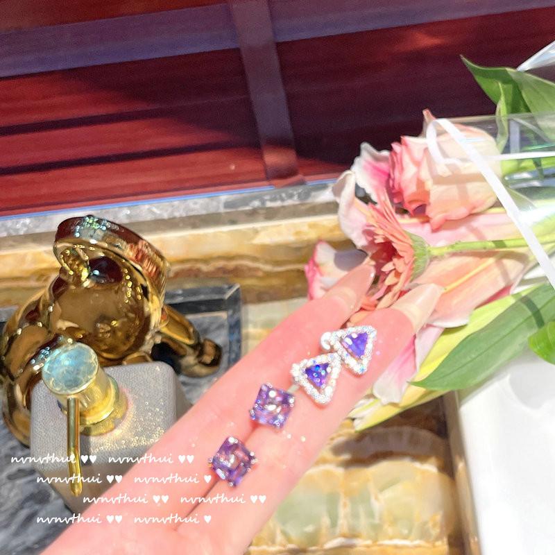 Lake Light And Water Shadow Purple Tanzanite Flower Earrings, Antique, 18K Gold Wheat Ear Plated Geometric Zircon Inlaid Earrings.