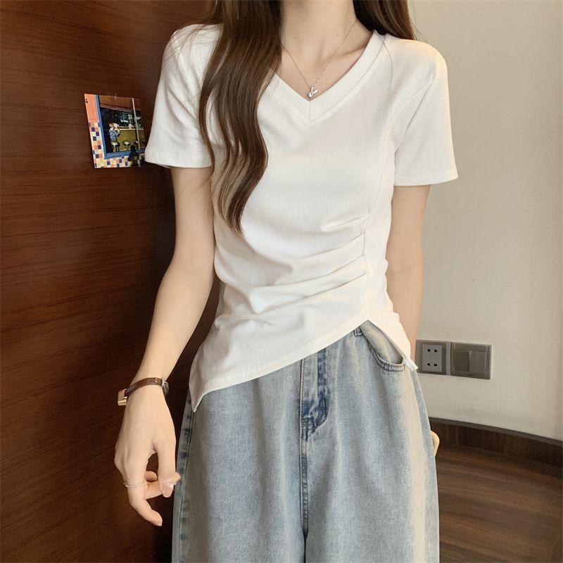Women's V-neck Short Sleeve T-shirt Casual Slim Fit Side Ruched Solid Color Summer Top