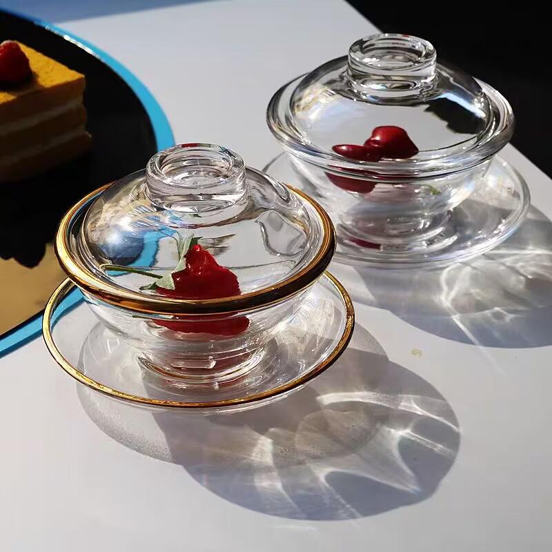 Yu Jing Glass Bird's Nest Dessert Bowl Set with Gold Rim - Heat Resistant and Transparent, Includes Lid