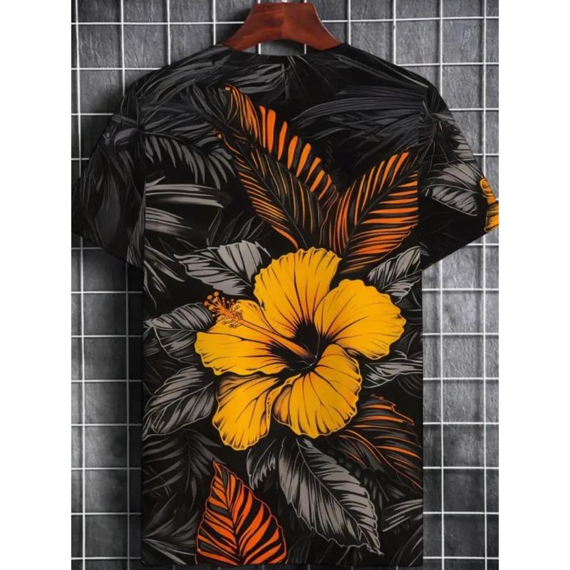 Men's Hawaiian Tropical Flower Print T-shirt Sports Short Sleeved Crew Neck T-shirt for Summer Outdoor Fitness Workout Men's Clothing
