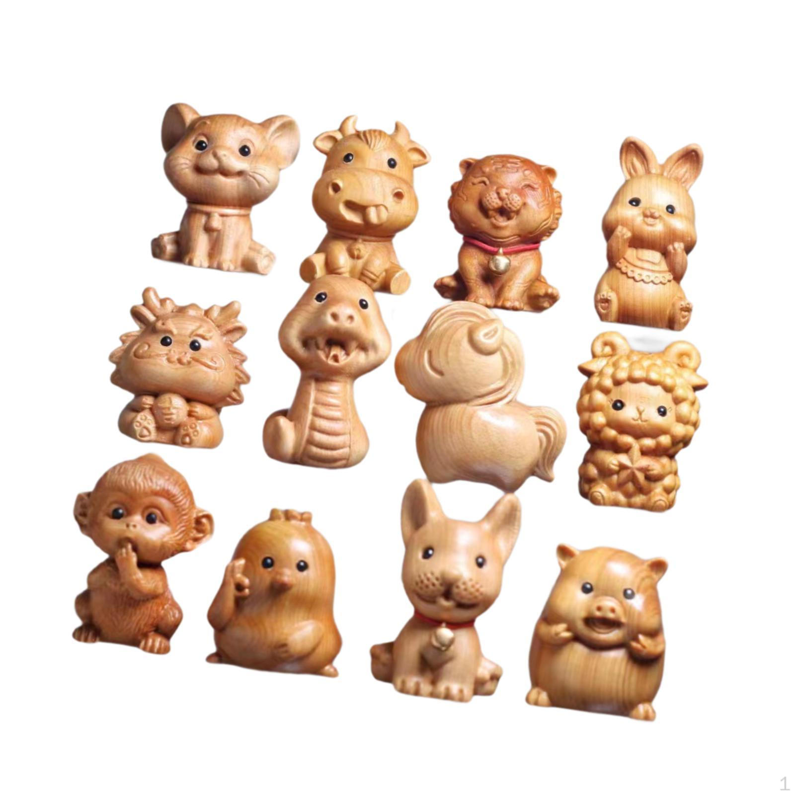 

12x Animal Figure Wood Hand Carved Carving Statue,Feng Shui Chinese Sculptures,for