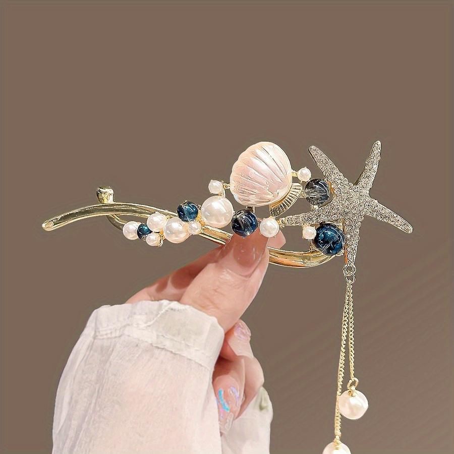 1 Piece Of Ocean Series Rhinestone Starfish Shell Banana With Artificial Pearl Women'S Sweet Ponytail Holder