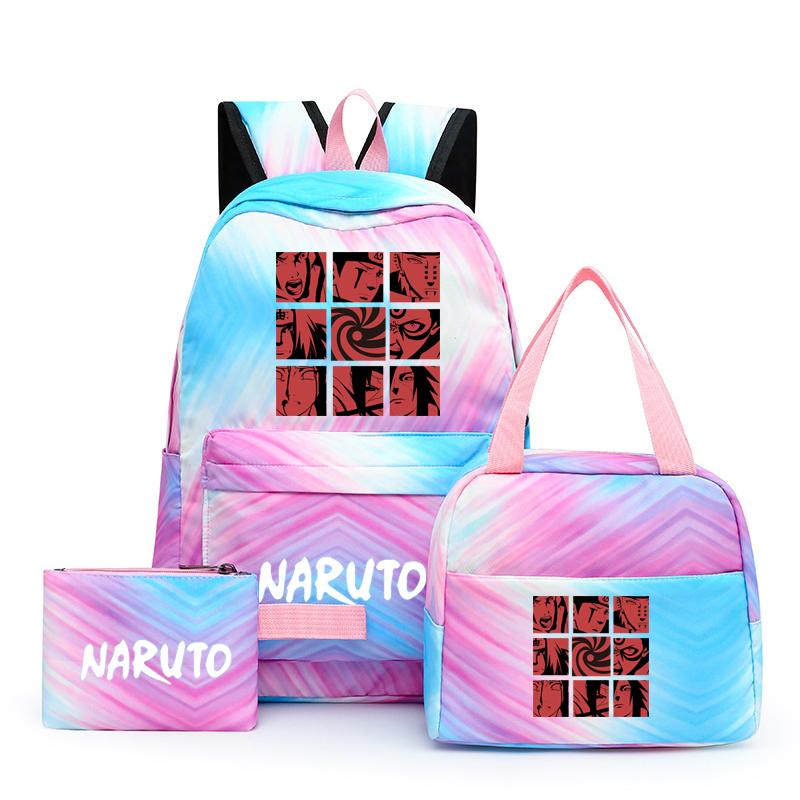 3Pcs/set Anime Naruto Canvas Backpack for Girl with Lunch Bag Pen Case Backpack Student Back To School Backpack Rucksack Mochila