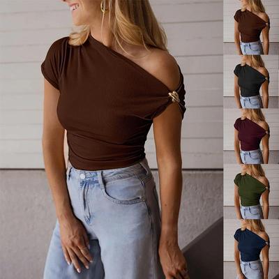 2026 European & American Women's Slim Ribbed Solid Color T-shirt with Metal Decoration