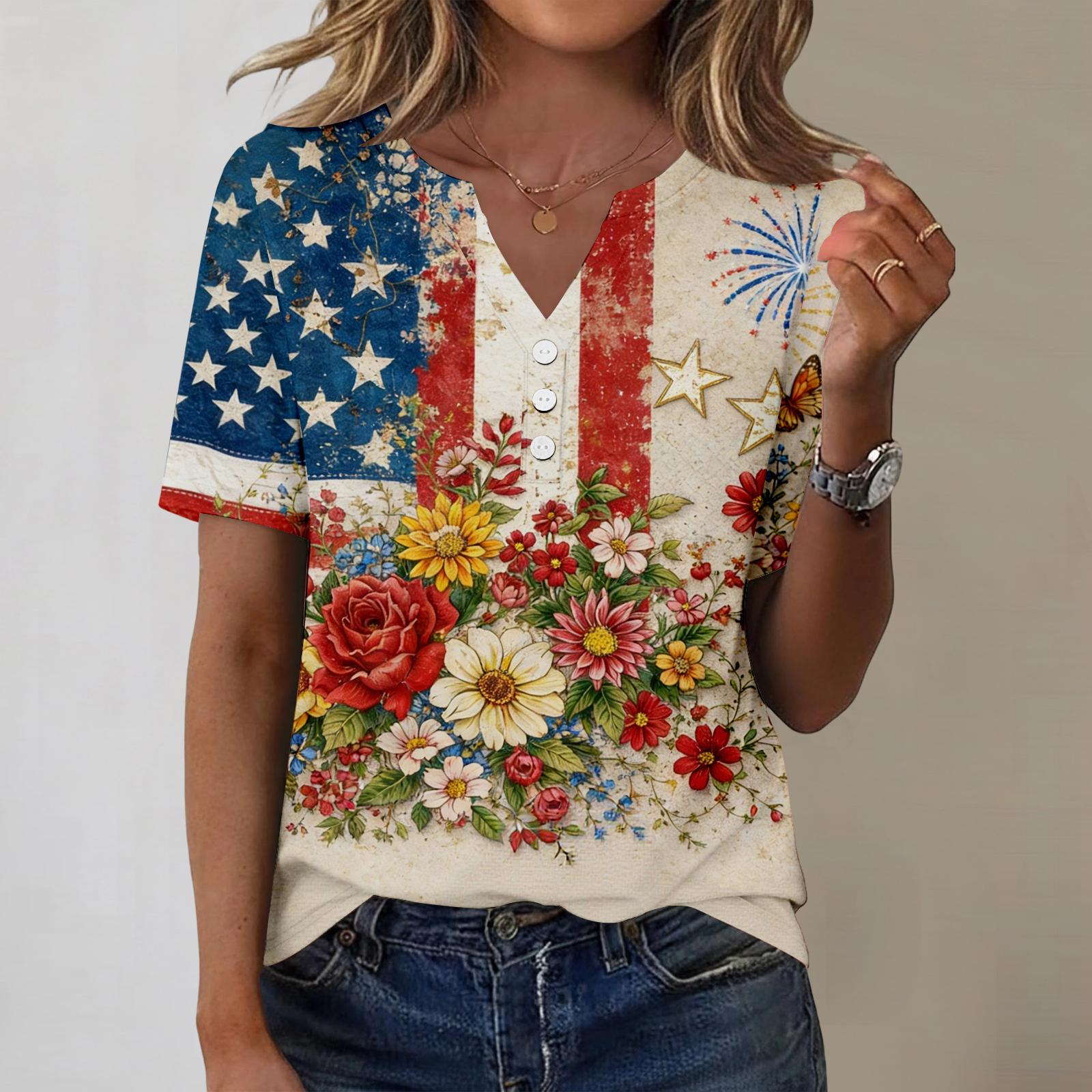 Women s fashionable casual short-sleeved Independence Day print V-neck top L