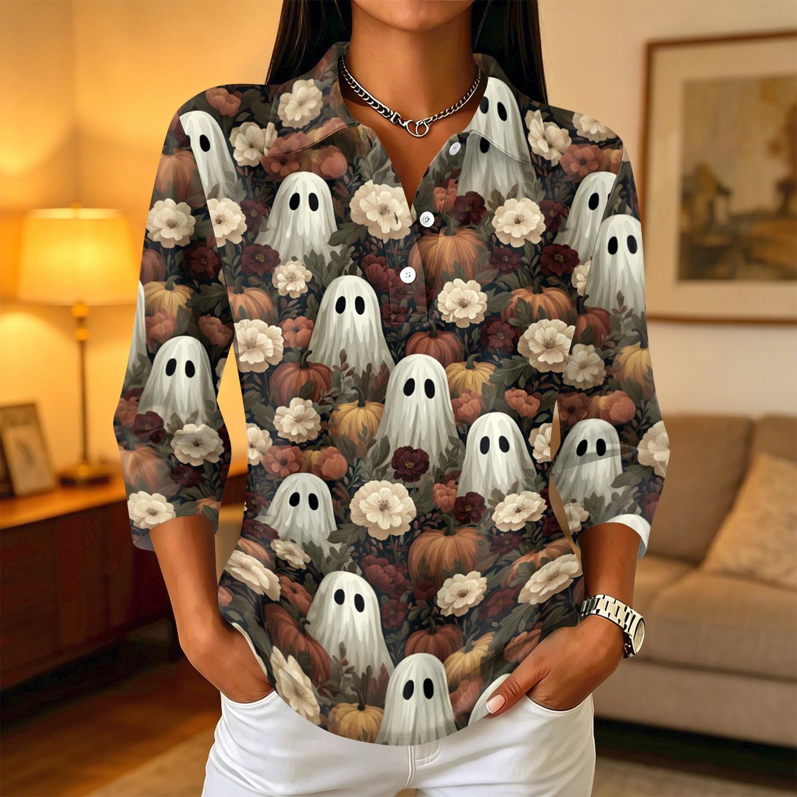 Women s Casual Button-Up Blouse with Three-Quarter Sleeves and Halloween Print Collar L
