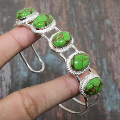 Kopergroene Turkoois Edelsteen Handgemaakte Manchet Sieraden 925 Sterling Zilver Armband Verstelbaar