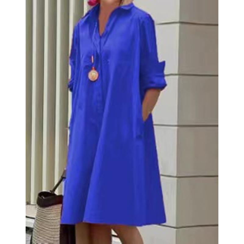 Novos produtos de outono, camisa com gola estampada de bolinhas de temperamento fashion, manga comprida, vestido médio e longo