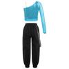 Girls One Shoulder Crop Top Sparkly Sequins Sheer Mesh Long Sleeve Design Metal Chain Pocket Pants Dance Set