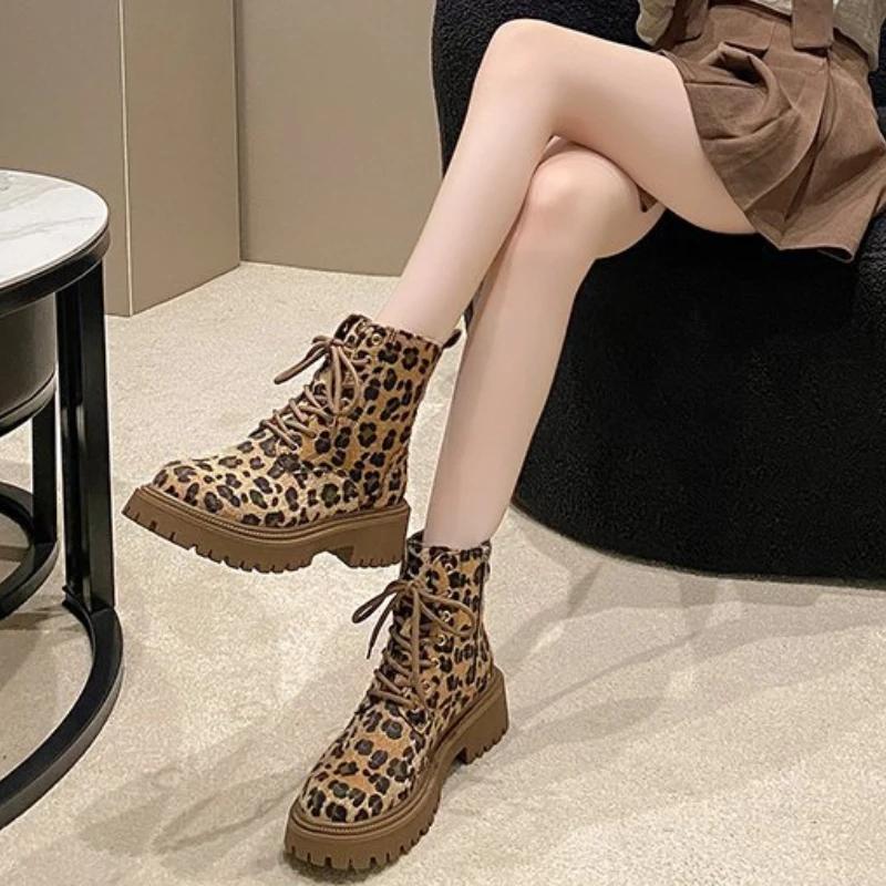 Shoes for Women 2025 Lace Up Zipper Casual Lady Fashion Boots Winter Round Toe Mixed Colors Leopard Chunky Heels Plus Size Boots