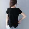 Black V-Neck Irregular Hem Short-Sleeve T-Shirt - 2022 Korean Fashion