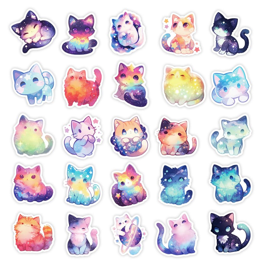 50 Pcs Dreamy Starry Cat Stickers, Creative Cosmic Cartoon Decals for Journal, Luggage, Tech Cases, Unique Christmas Gifts kids