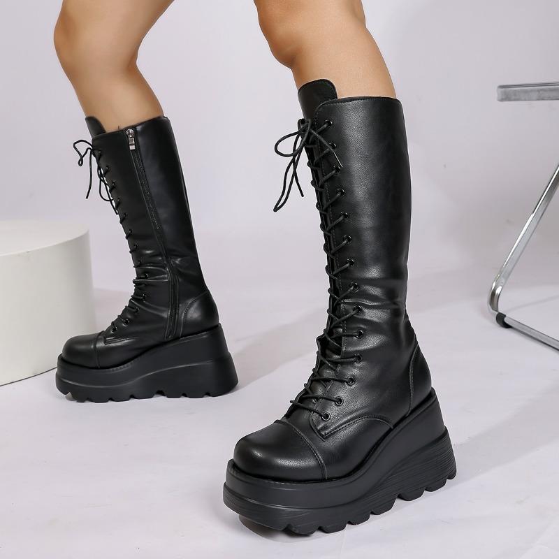 Winter new but knee black wedge heel muffin skinny Martin boots punk women's boots thick-soled high boots lace-up boots