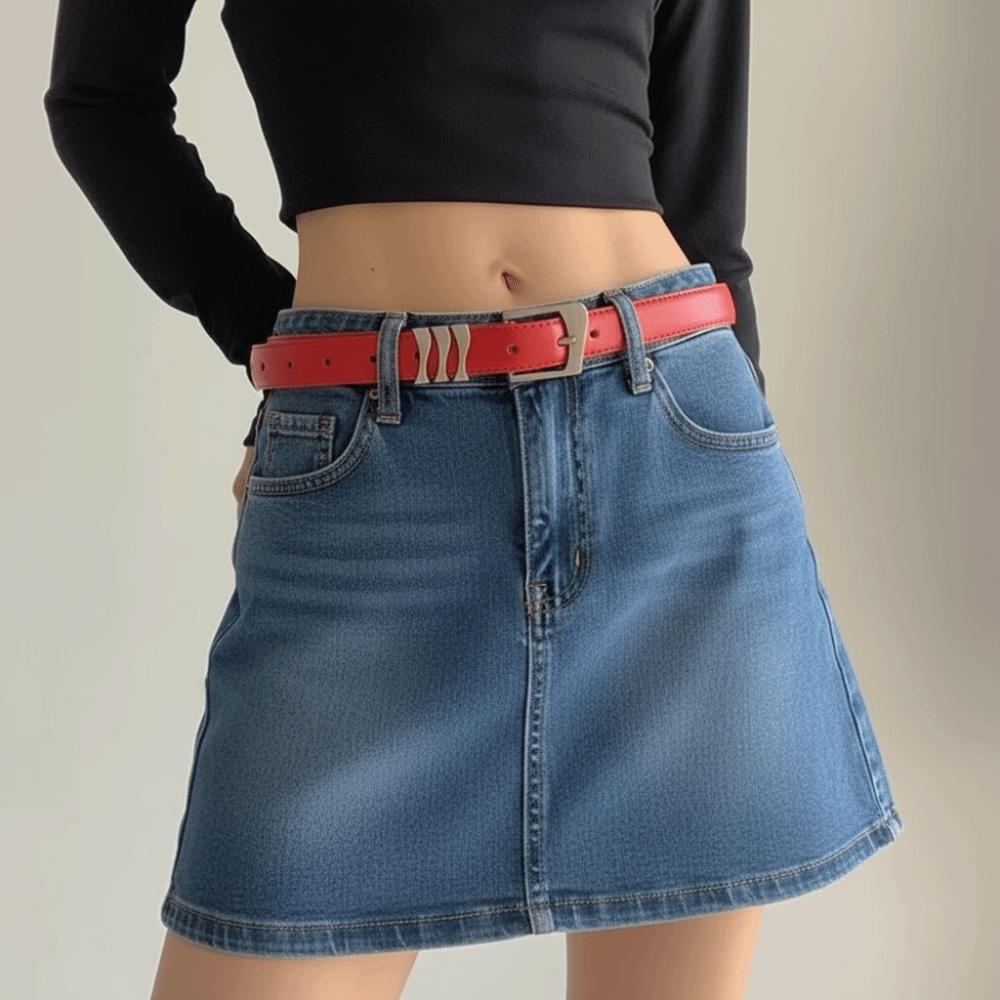 Leather Women s Red Belt Oval Buckle Jeans Belt Simple Rivet Belt  Wide Waistband 2