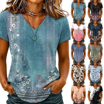 Women Casual V Neck Floral Print T Shirt Short Sleeve Lightweight Loose Fit Top for Everyday Wear
