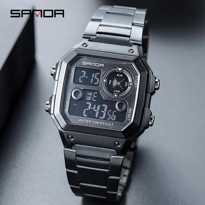 Sanda Men s Waterproof LED Watch with Steel Band – Multifunctional, Sporty, Square, Fashionable Design with Large Dial