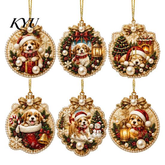 Acrylic Santa Hanging Ornaments 6 Pcs Christmas Pearl Art Ornaments, 2D Flat Holiday Tree Pendant, Decorations Effect Decoration for Home Wall