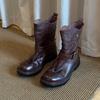 Cowhide Version~ Lazy and Slack Pleated Belt Buckle Thick Heel Short Boots Women's Leather Fashion Retro Versatile Knight Boots