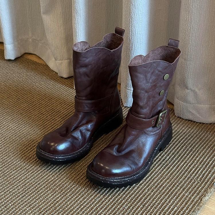 Cowhide Version~ Lazy and Slack Pleated Belt Buckle Thick Heel Short Boots Women's Leather Fashion Retro Versatile Knight Boots