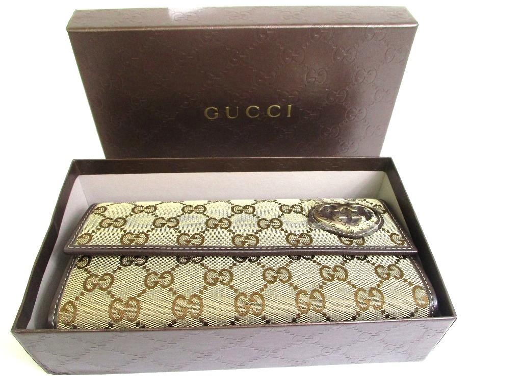 Authentic GUCCI Beige GG Canvas Dark Brown Leather Heart Motif Flap Wallet #b093  Open box