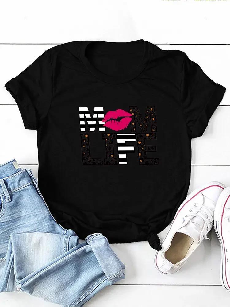 Red Lip Mom Life Leopard Print Women T Shirt Short Sleeve O Neck Loose Women Tshirt Ladies Tee Shirt Tops Camisetas Mujer