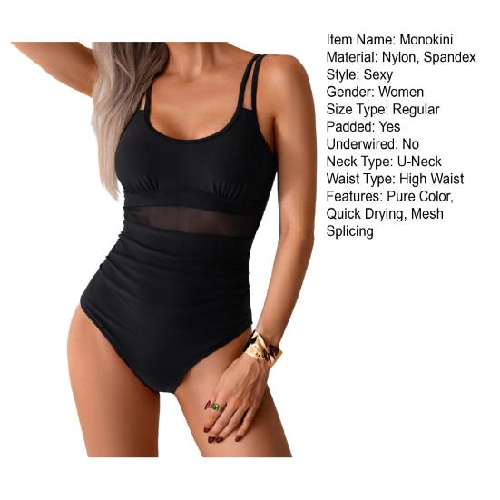 Sexy One-piece Swimsuit U-neck Sleeveless Backless Sexy Monokini Pure Color Mesh Splicing Slim Fit Tummy Control Removable Pads High Waist