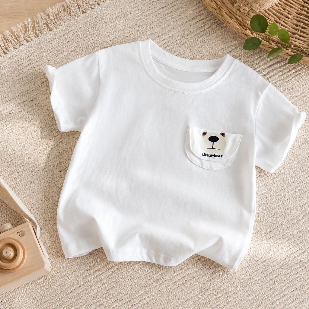 Kids Cotton Short Sleeve T Shirt with Bear Embroidery Pocket for Boys and Girls Summer