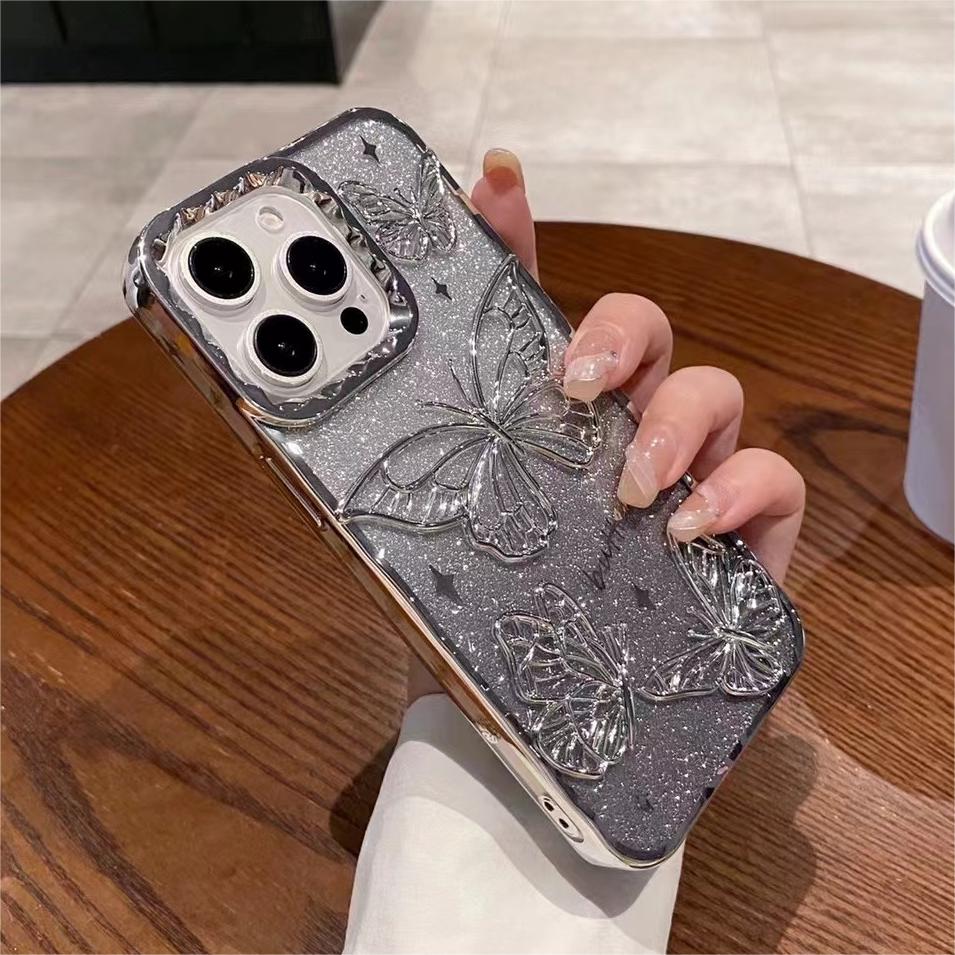 3D Třpytivý Motýlek s Tekutým Pískem Gradientní Pouzdro Pro iPhone 17 16 15 14 13 12 11 Pro Max Plus Air Plating Nárazuvzdorný Kryt