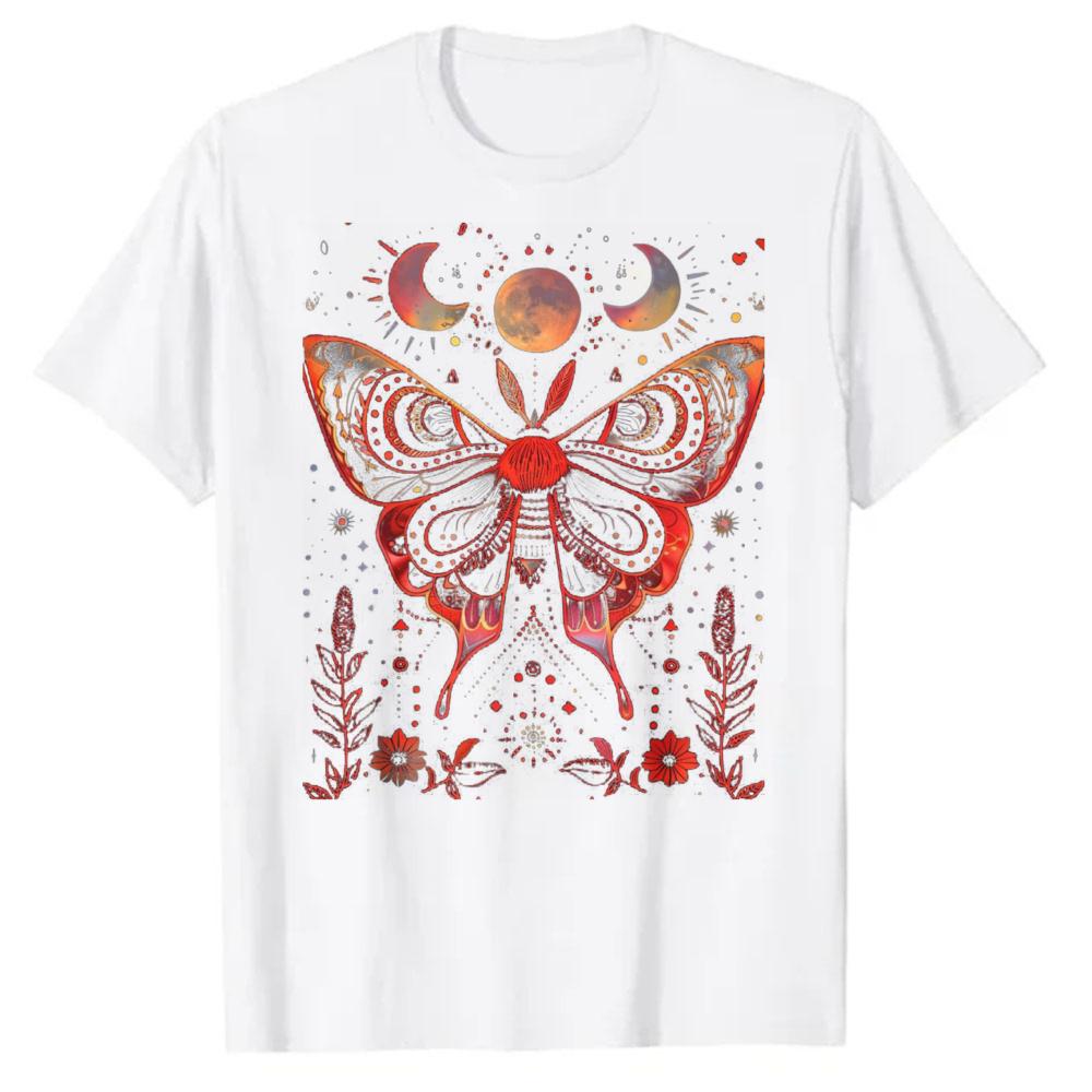 Regular Short Sleeve Shirt Red Black Floral Moon Phase Gothic Occult Dark Academia Aesthetic Print Unisex Crewneck Streetwear Vi