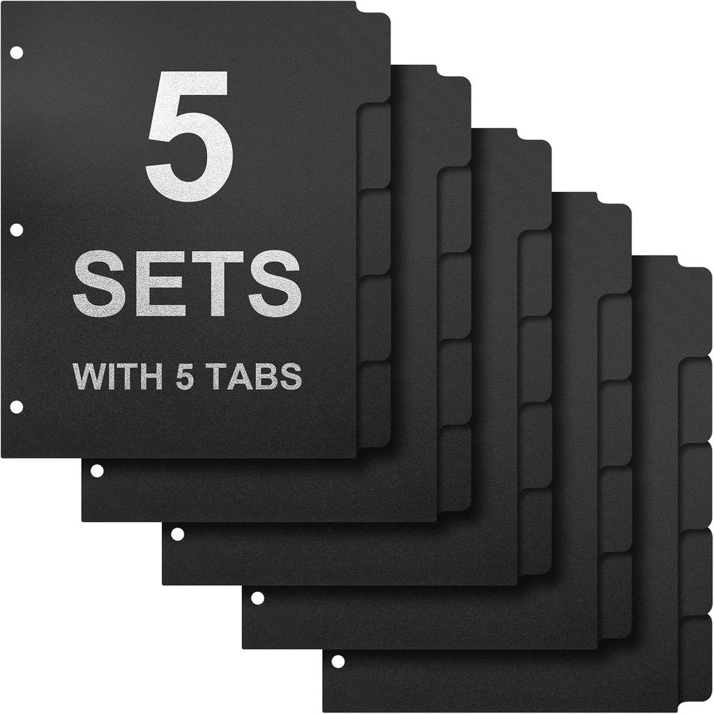 3 Ring Binder Dividers with 5-Tabs for Letter Size, 1/5 Cut, 3-Hole Punched, Write & Erase Plastic Binder Dividers Extra Durable Section Index