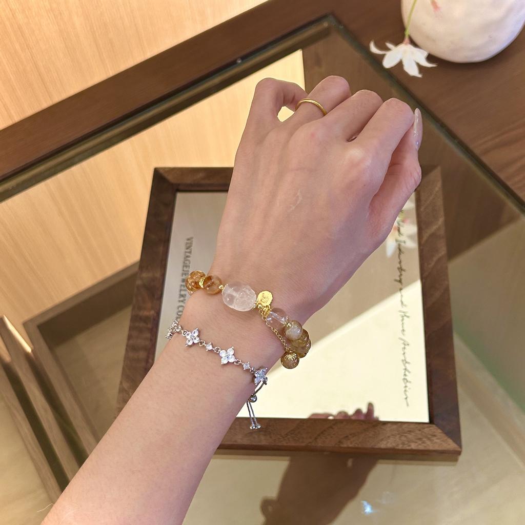 Natural Yellow Crystal Bracelet for Women, Original Design, Fortune-attracting and Luck-bringing, Beaded Yellow Crystal and White Crystal Pixiu