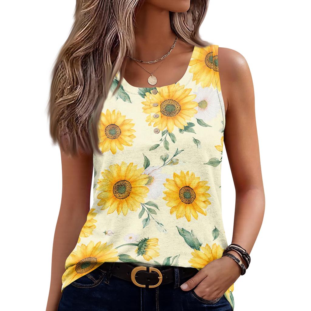 Womens Spring Tops Sleeveless Sunflower Print Summer Shirts for Women Casual Tank Style Womens Summer Shirts