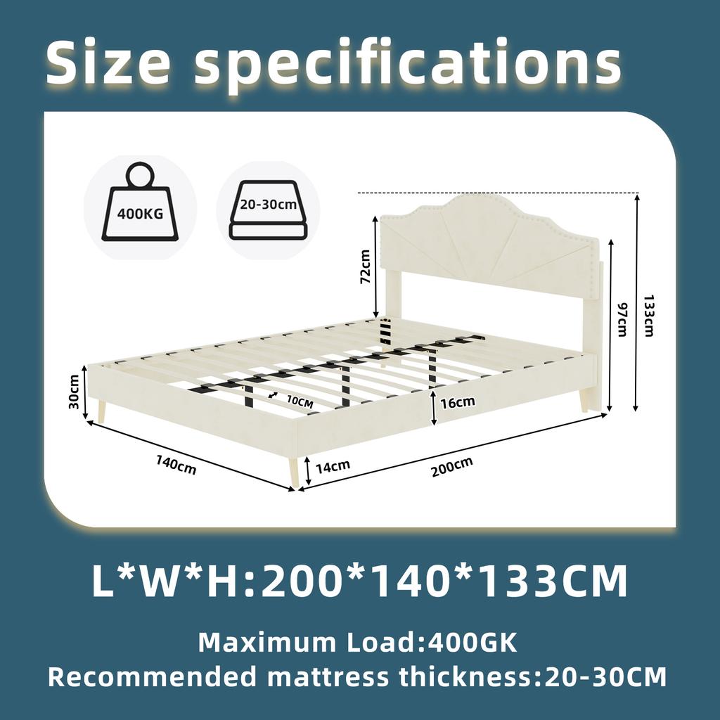 Modern minimalist soft bed, comfortable headboard, 140*200CM, beige, low box bed frame does not include gas rod, include 140*200cm mattress.