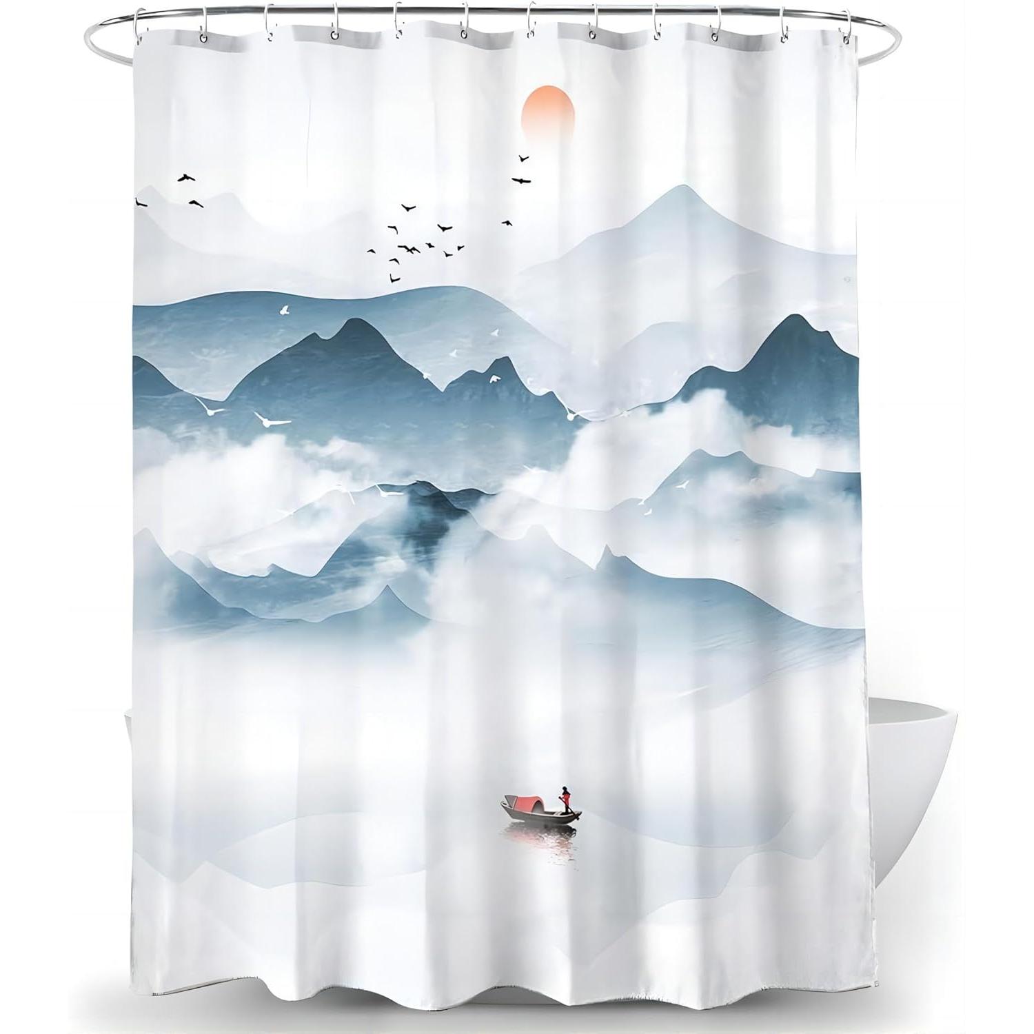 

Blue Mountain Shower Curtain 72x72 Inch - Nature Landscape Bathroom Decor, Ink Painting Foggy Hills Lake Art, Modern Bath Curtai 90x180cm