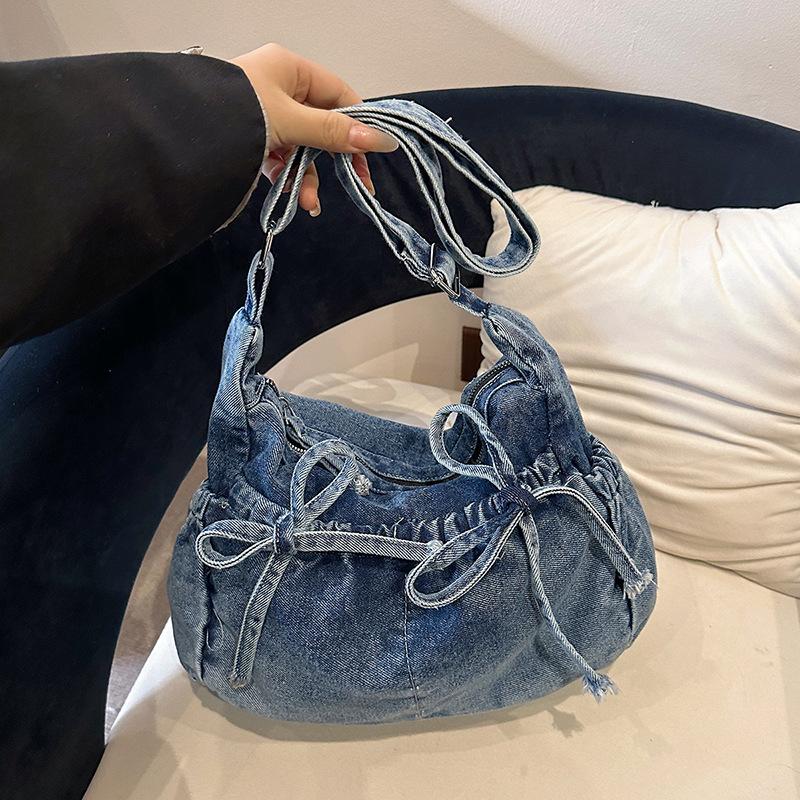Vintage Bow Washed Denim Shoulder Bags for Women Versatile Large Capacity Ladies Crossbody Bag Lightweight Casual Tote Handbag