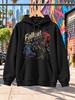 Fallout New Vegas Game Graphic Hoodie Armored Ed Ranger Aiming a Pistol with Red Blue Distressed Wasteland Art Unisex Hoodie