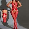 Women Halter Strap Heart Pattern See Through Mesh Open Crotch Sexy Lingerie Bodysuit