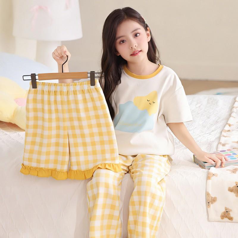 2026 Cotton Pajama Set Girls Short Sleeve Thin Sleepwear Sweet Cartoon Print Kids Home Outfit