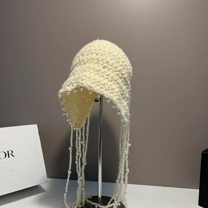 Hollow Pearl Tassel Sequined Bag Head Hat Women's Autumn and Winter Warm Knitted Wool Hat Retro Face Small Pullover Hat