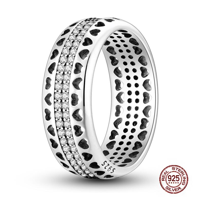 Shine Women koppar Fingerringar 925 Sterling Hjärta Krona Glöd Eldfluga Stjärna Sol Tusensköna Stapelbar Originalring Årsdag Zirkon