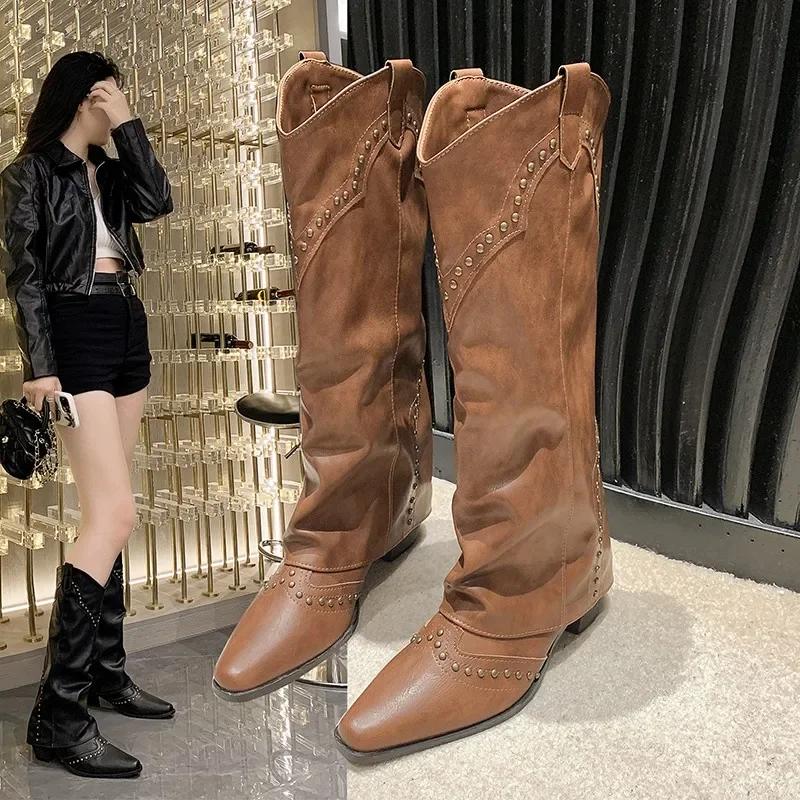 Fashion Brown Long Boots WomenThigh High Heels Fashion Back Zippers Long Knight Booties Ladies Thick Sole Girl Shoes Platform Boots