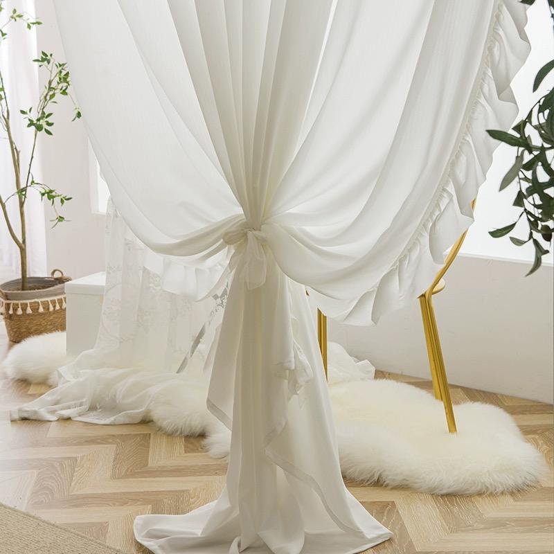 Frans Wit Romantisch Ruches Kant Tule gordijn Verduisterend Effen Raamgordijn Voor Woonkamer Slaapkamer Homestay Decor W100 x H180cm 1Piece&Multifunctional Tape