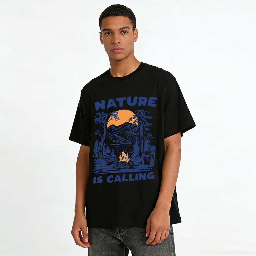 Nature Is Calling Mountain Campfire Graphic Casual Tee Pure Cotton T-shirt