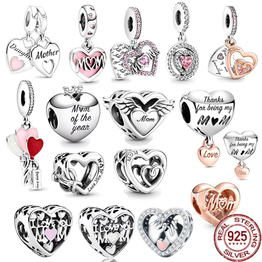 

Тонкое серебро 925 пробы Love You Mom Double Heart Split Dangle Charm Бусины подходят Оригинальный браслет Fasion DIY Женские украшения Подарок