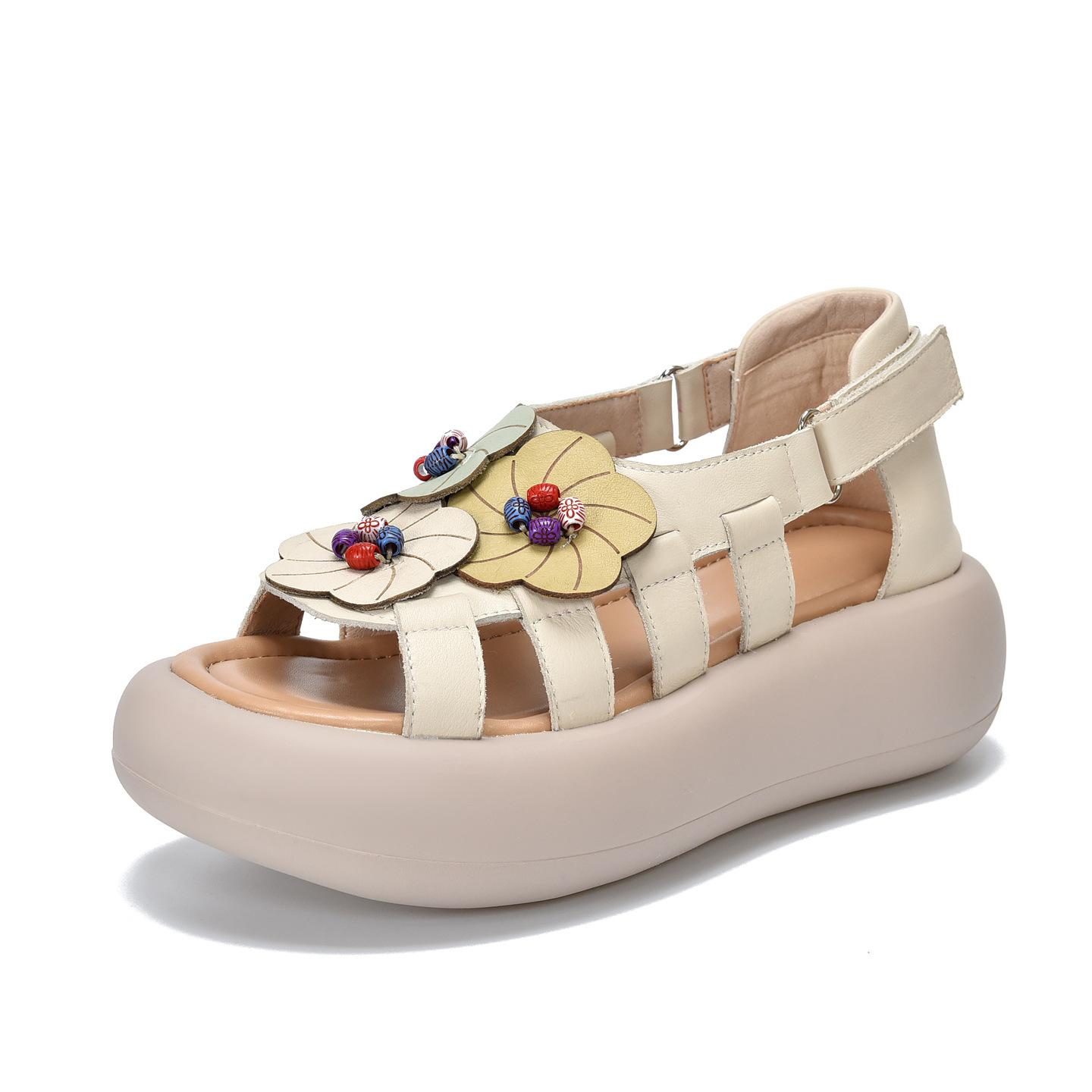 

Johnature Сандалии на плоской платформе из натуральной кожи в стиле ретро с цветочным узором, универсальная женская обувь на мягкой подошве 37 бежевый